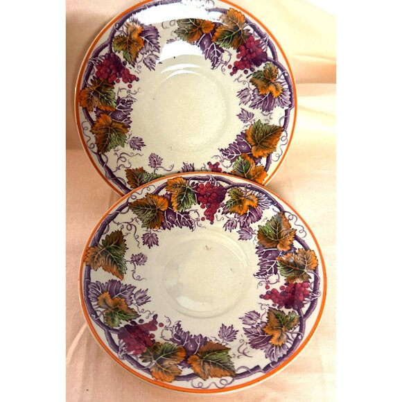 Festive Wood & Sons Saucer Plates England VINE Pattern Colorful Grapes Leaves - Picture 1 of 15